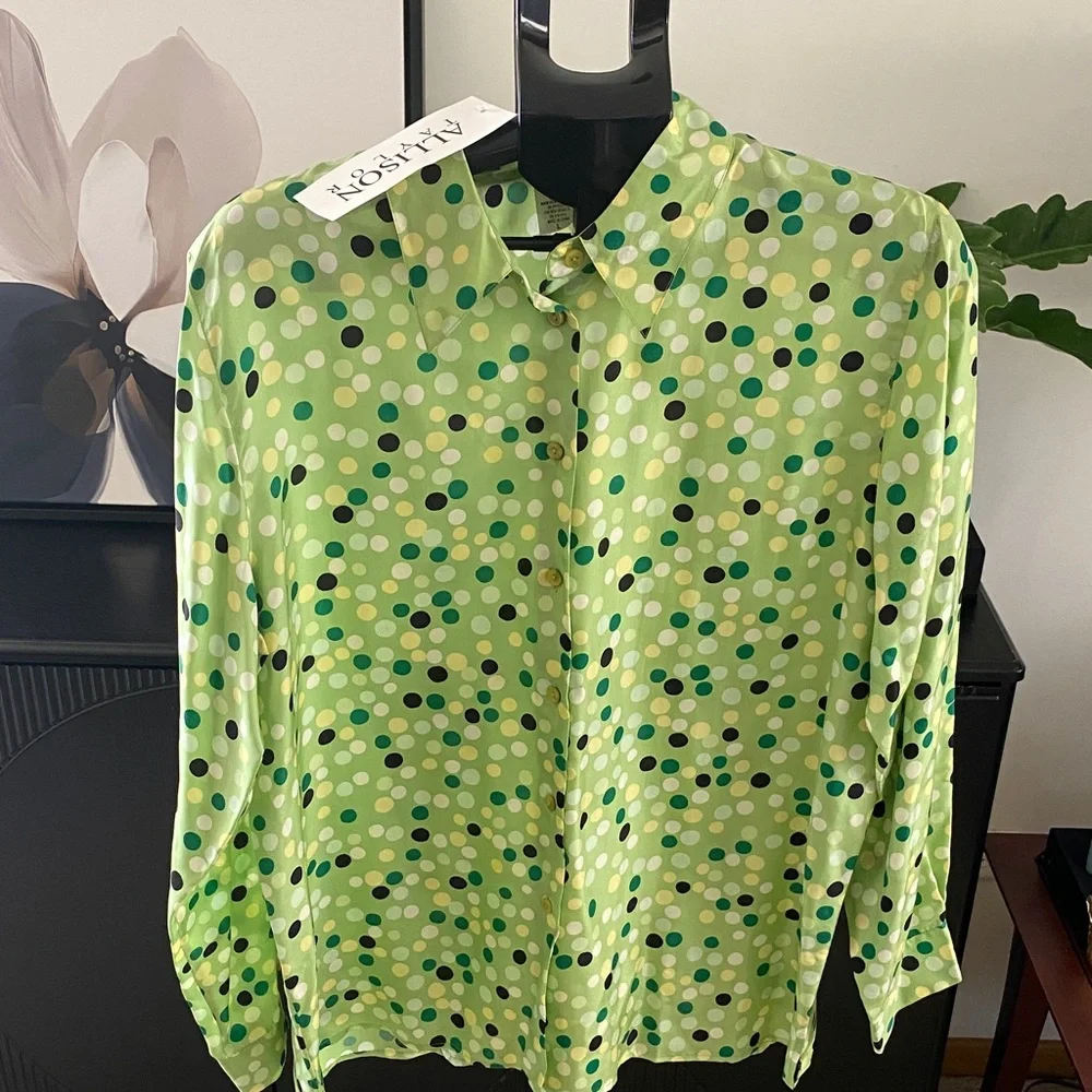 Allison Taylor Lime Green Polka Dot Blouse - Picture 1 of 8